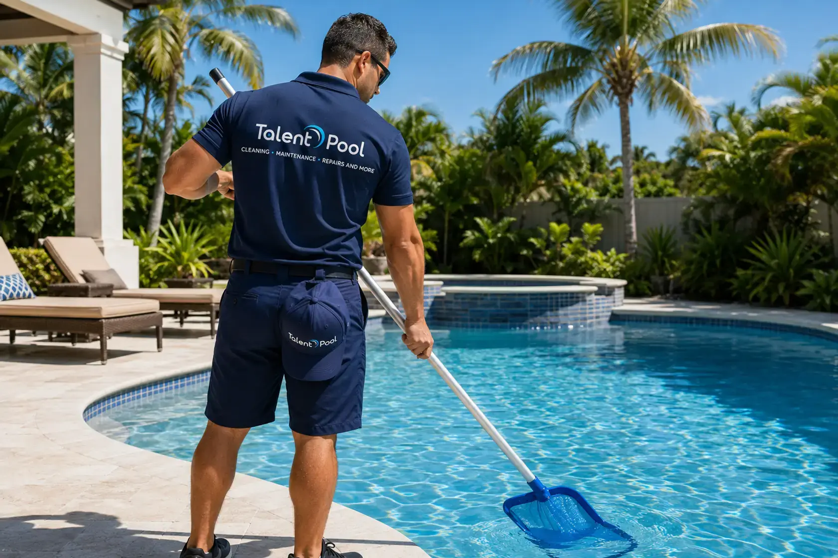 A Talent Pool Cleaning technician skimming a backyard pool in South Florida