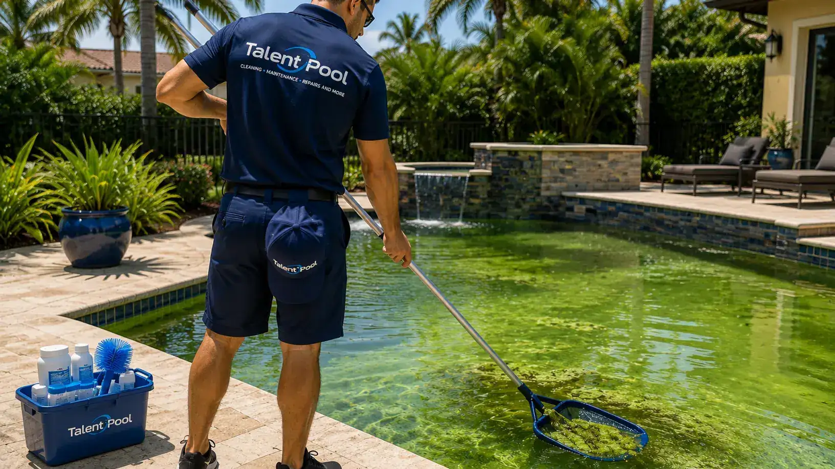 A Talent Pool Cleaning technician performing green pool cleanup in South Florida