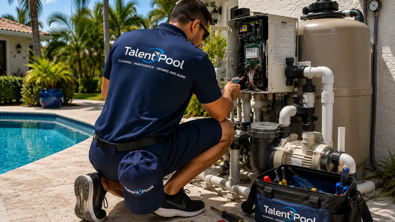 A Talent Pool Cleaning technician performing pool equipment repair in South Florida
