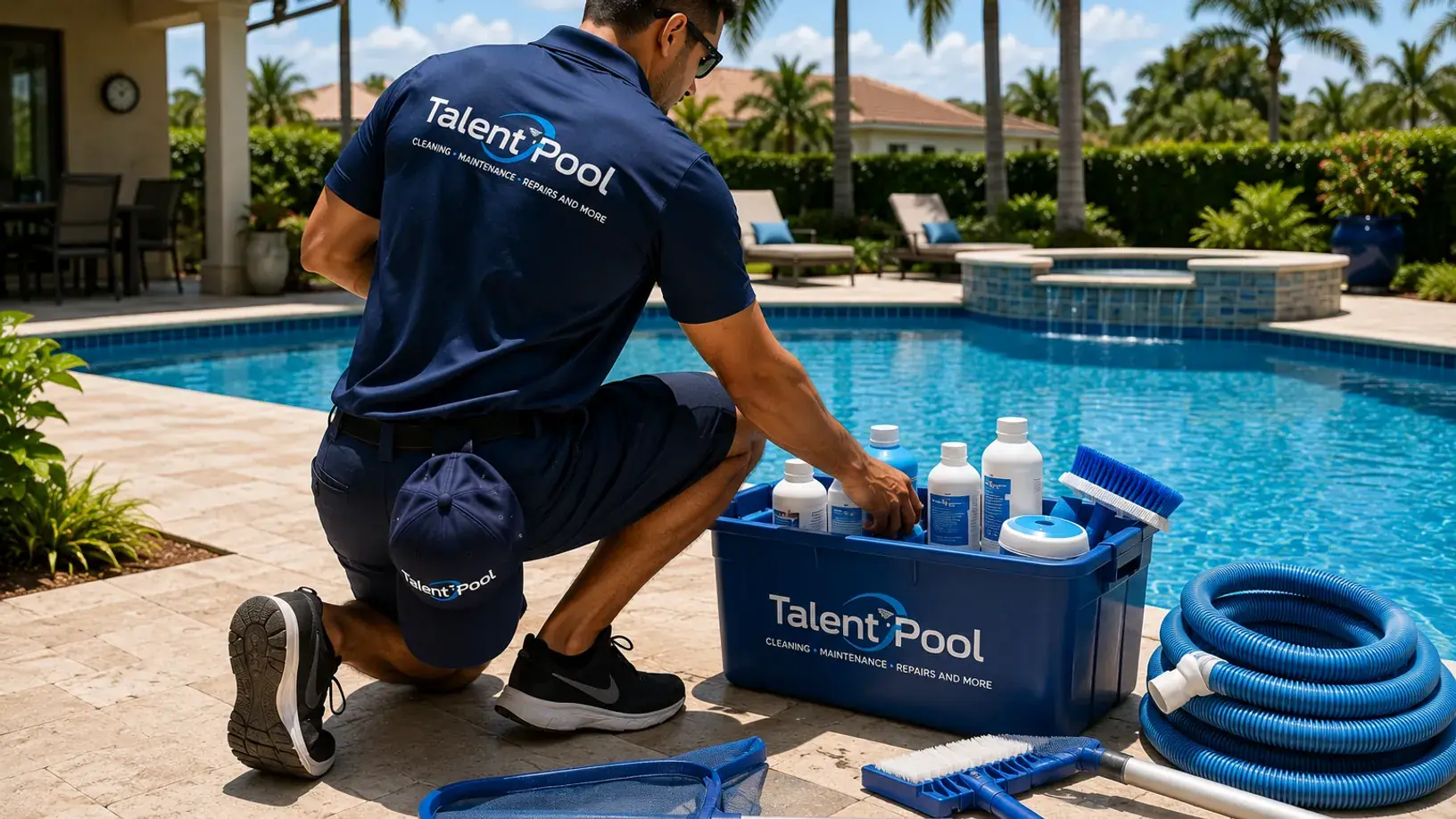 A Talent Pool Cleaning technician performing pool startup in South Florida