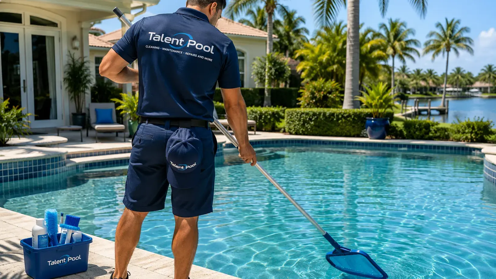 A Talent Pool Cleaning technician performing weekly pool cleaning in South Florida